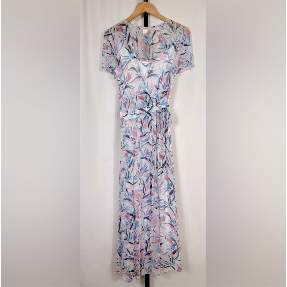 🆕 Club Monaco Birds of Paradise Maxi Wrap Dress Blue and Pink Chiffon, Size 4 - Picture 9 of 16
